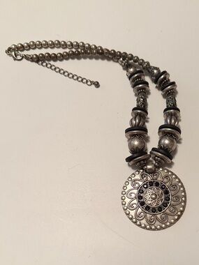 Chunky Silver Tone Round Medallion Pendant Beaded Boho Statement Necklace